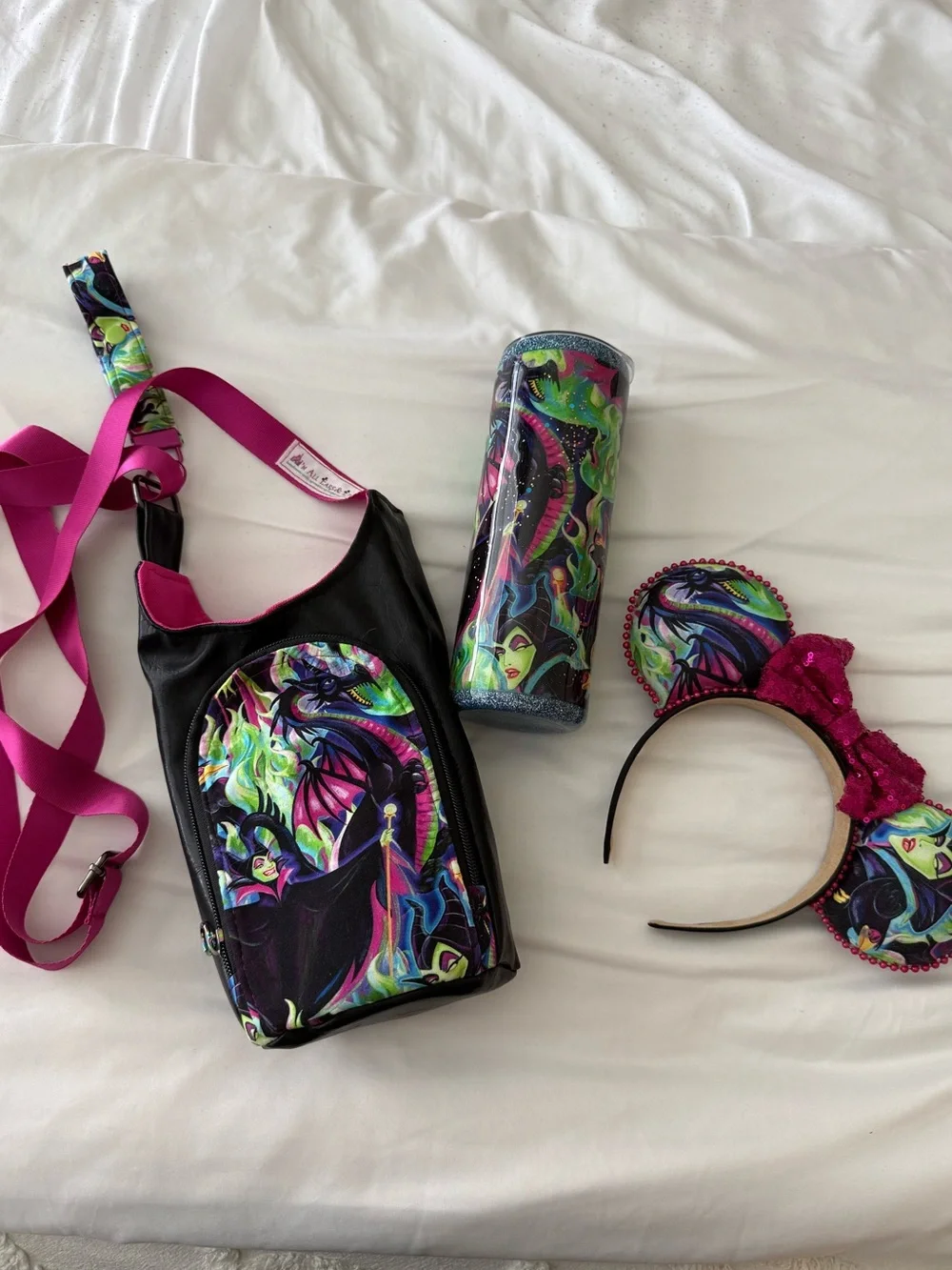Disney Maleficent Neon Dragon Crossbody Water Bottle Bag and Ear Headband Set